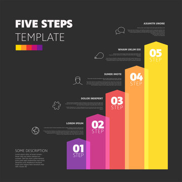 Professional five steps infographic template featuring a colorful vertical chart. Use this five steps chart for business presentations and data visualization with a clear infographic layout.