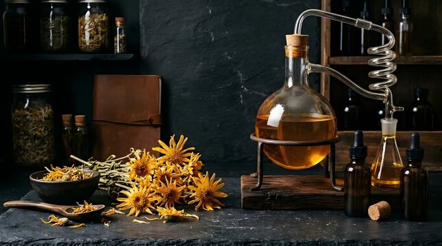 Herbal oil distillation process with dried flowers and essential oil bottles.