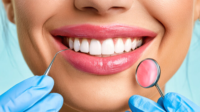 A woman smiles widely in a studio with blue background. Two hands in blue gloves hold dental tools near her mouth showing her bright teeth and lips