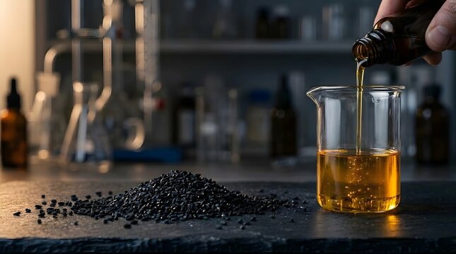 Black cumin seeds oil extraction in laboratory with beaker and dropper.
