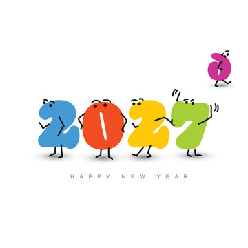 Happy New Year 2027 celebration featuring cute number characters. This Happy New Year 2027 design shows funny characters waving goodbye to 2026 on a clean white background.