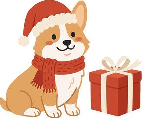 Fototapeta premium Cute Corgi in Christmas Hat Scarf with Red Gift Box Vektor Illustration