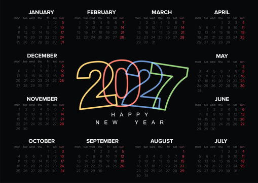 This 2027 calendar features a modern outline style for the year 2027 on a dark background. The annual 2027 calendar displays all months from January to December in a clear grid layout.