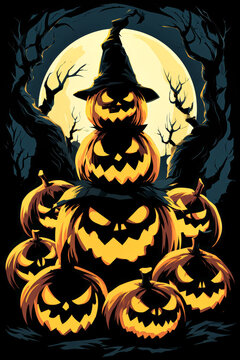 Pumpkins with angry faces are stacked outdoors during Halloween night. A big full moon shines behind them, and dark trees are visible in the background