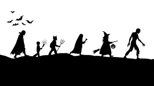A group of children and adults walk along a dark path on Halloween night. They wear various costumes like witches, zombies, and devils. Bats fly above