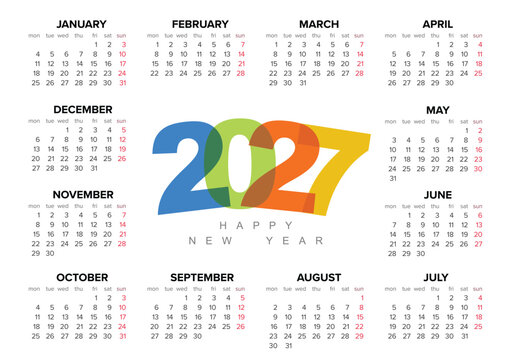 This 2027 calendar features a colorful annual layout with bold typography. The 2027 calendar design includes all twelve months organized clearly for easy yearly planning and scheduling.