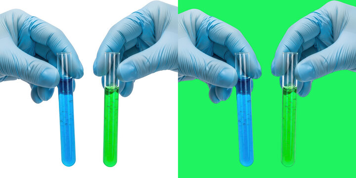 Hands in gloves holding test tubes with colored liquids