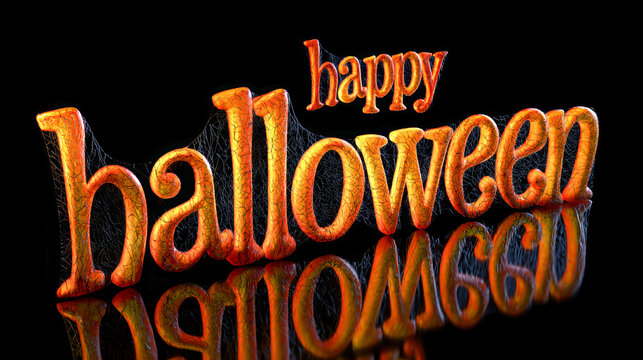 Bright orange letters spell out Happy Halloween on a dark background. The words are decorated with spider webs. This design celebrates the spooky season
