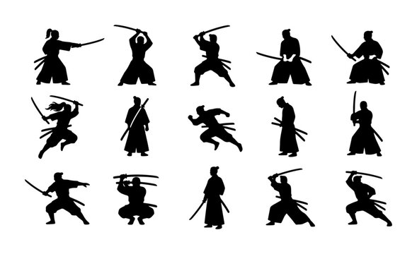 Samurai silhouettes set with swords in various action poses for martial arts or historical themes