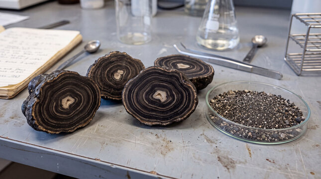 Polymetallic nodules sawn in half on a laboratory bench showing concentric growth layers