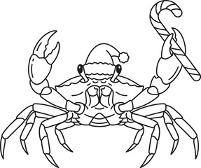 Fototapeta premium Crab with candy cane and hat in simple line art vektor style illustration