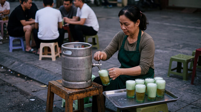 Vietnamese street vendor pouring fresh bia hoi draught beer from a metal keg on a Hanoi pavement