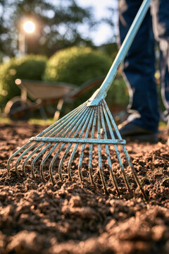 A person is raking soil in a garden. A wheelbarrow is nearby. The sun is shining. The scene shows a gardening activity taking place