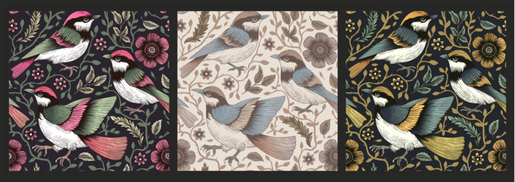 Vintage Bird Floral Seamless Pattern Set Botanical Flowers Leaves Dark Background Textile Wallpaper Vector