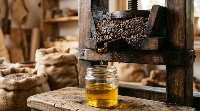 Traditional wooden press extracting golden liquid oil into glass jar, rustic setting.