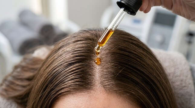 Applying hair growth treatment serum directly to scalp using glass dropper in beauty salon.