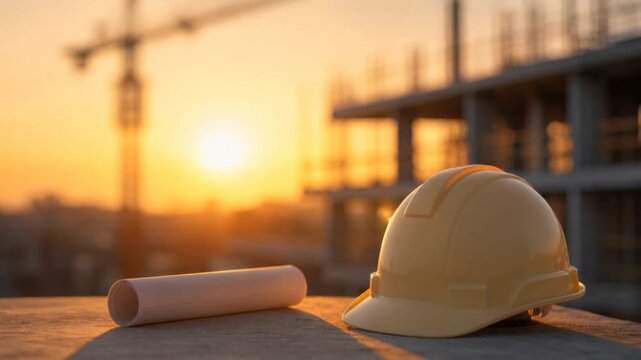 Construction helmet and blueprint on site at sunset with cranes and building framework background