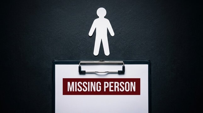Missing person concept with clipboard and paper human cutout on dark background