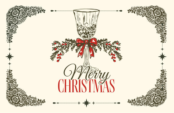 Merry Christmas New Year Holiday Vintage Card Crystal Glass Fir Branches Berries Lace Frame Hand Drawn Invitation Poster Banner Vector