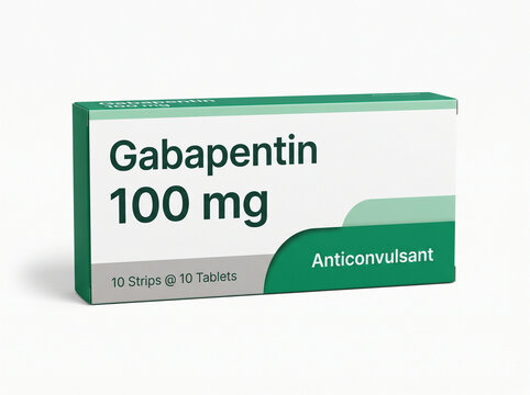 Gabapentin 100 mg anticonvulsant medication box on white background