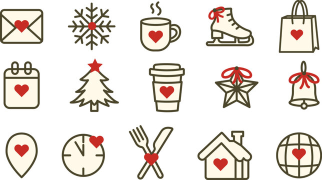 Christmas New Year Holiday Line Icons Set Love Heart Tree Snowflake Skates Cocoa Shopping Bag Home Outline Symbols App Vector