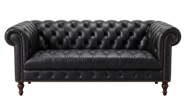 Classic black leather tufted chesterfield sofa with stud detailing and wooden isolated on png transparent background