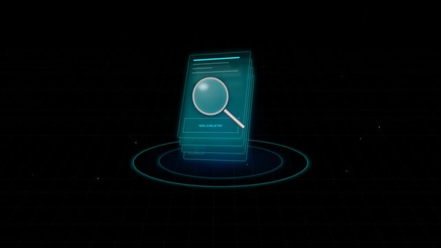 4K motion graphic animation of a digital magnifying glass scanning a stack of data documents on a dark grid background, representing search, analytics, and information security.