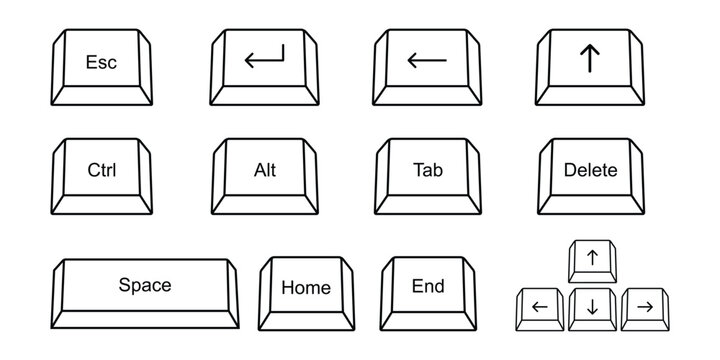 Computer keyboard shortcut key set vector illustration including escape ctrl alt space home end delete and arrow keys line art icon collection