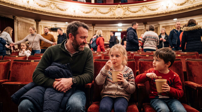 Father and two children eating ice cream in a theatre during a Christmas pantomime interval.