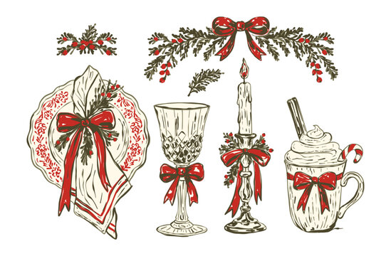 Christmas Table Setting Vintage Sketch Clipart Set Plate Napkin Glass Candle Cocoa Mug Garland Bow Dinner Menu Party New Year Holiday Vector