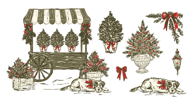 Christmas Market Stall Cart Vintage Sketch Clipart Set Potted Fir Trees Lantern Bows Dogs Garland Winter New Year Holiday Vector