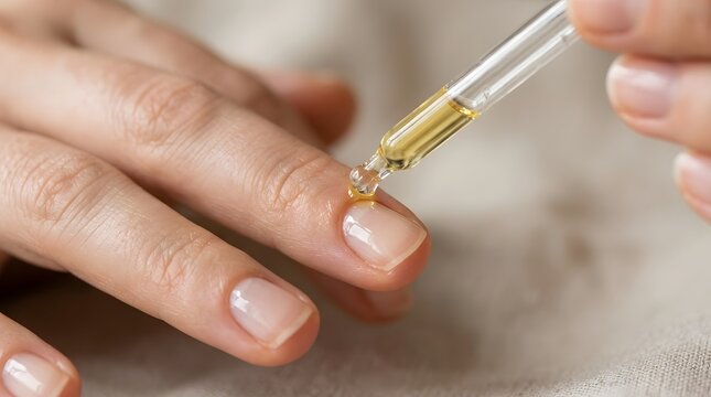 Applying natural golden cuticle oil onto female fingernails with glass dropper applicator.