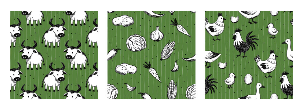 Farm Seamless Pattern Set Cow Bull Vegetables Chicken Rooster Goose Rustic Sketch Textile Wallpaper Vector Background
