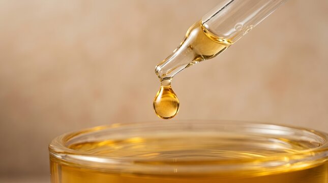 Amber liquid droplet dripping from glass pipette into bowl of golden cosmetic facial oil.