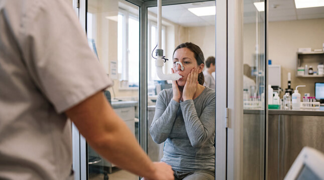 Patient performing a whole-body plethysmography lung function test in a clinical respiratory laboratory.