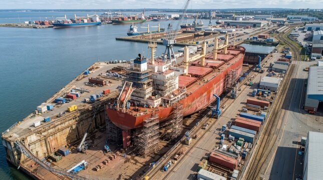 Massive Cargo Ship Undergoing Extensive Construction and Maintenance Within a Busy Industrial Shipyard Drydock