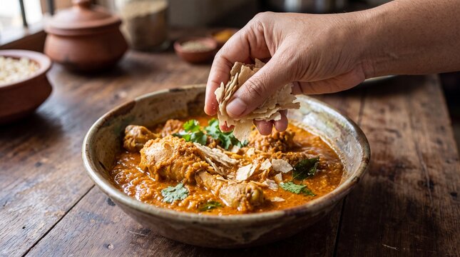 Hand crushing crispy Kori Roti wafers into vibrant coconut chicken curry in ceramic bowl on rustic wooden table