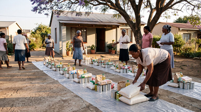 South African women organizing bulk groceries for a stokvel payout in a township yard under a jacaranda tree.
