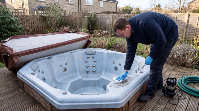 Service technician cleaning the interior shell of a drained hot tub during a winter maintenance visit.