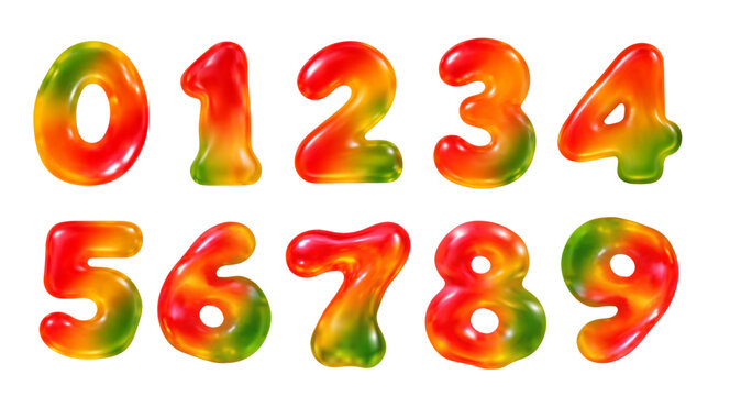 Jelly Gummy Candy 3D Numbers Set Glossy Colorful Digits Christmas New Year Birthday Font Realistic Vector