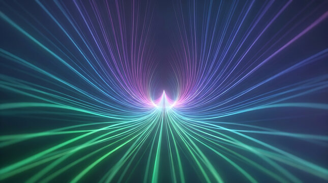 Abstract gradient light tunnel with glowing neon curves on a dark