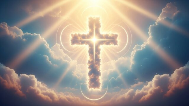 Radiant golden cross symbol with ethereal light rays and soft blue background