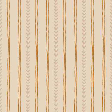 Stripe Seamless Pattern Hand Drawn Lines Leaf Stripes Neutral Boho Rustic Textile Wallpaper Vector Background