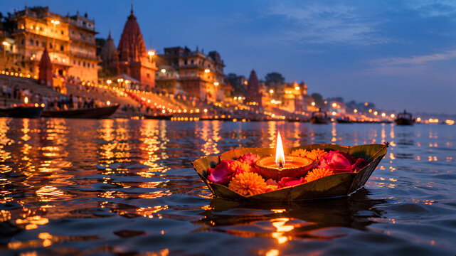 Floating Lit Diya with Fresh Flowers on Sacred Ganges River Water in Varanasi Ghat During Dev Deepawali Festival Evening