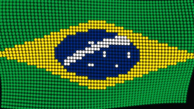 3D dot matrix grid animation waving like the Brazil flag with realistic lighting, green background, yellow rhombus, blue circle, and white stars