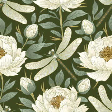 Vintage Floral Seamless Pattern Peony Flowers Dragonfly Botanical Leaves Dark Green Wallpaper Textile Vector Background