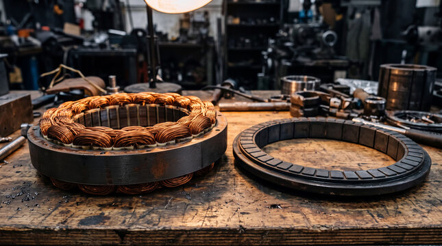 Electric motor components including copper wire wound stator and permanent magnet rotor on a workshop workbench