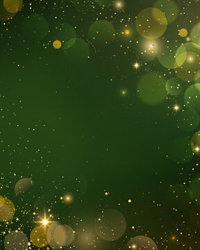 Elegant dark green background featuring shimmering golden particles, glowing bokeh circles, sparkling stars, and soft light effects, creating a luxurious festive atmosphere.