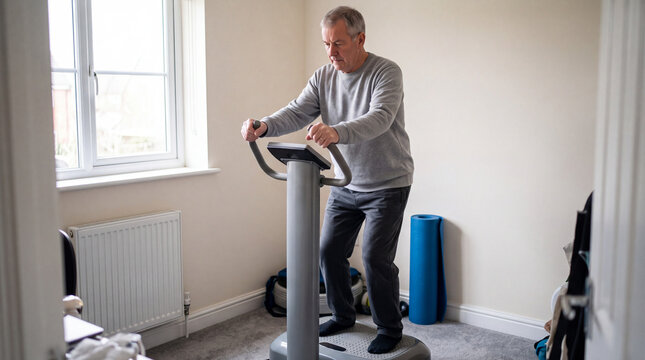 Senior man using a column vibration plate machine in a home gym