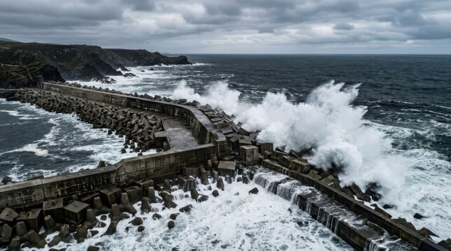 Massive concrete breakwater enduring crashing ocean waves during a powerful storm, showcasing coastal engineering and raw nature's force.